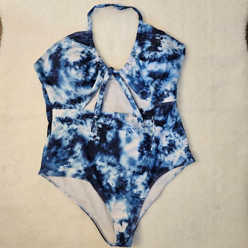 Women's Blue Tie-dye Halter Top One-piece Swimsuit With Keyhole Cutout & Padding